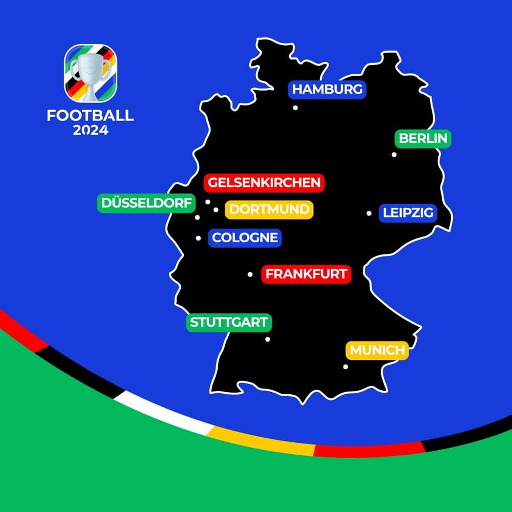 Die 10 Fußball 2024 Gastgeberstädte. Karte von Deutschland mit Städten, die die Fußball-Europameisterschaft 2024 ausrichten. (Copyright depositphotos.com)