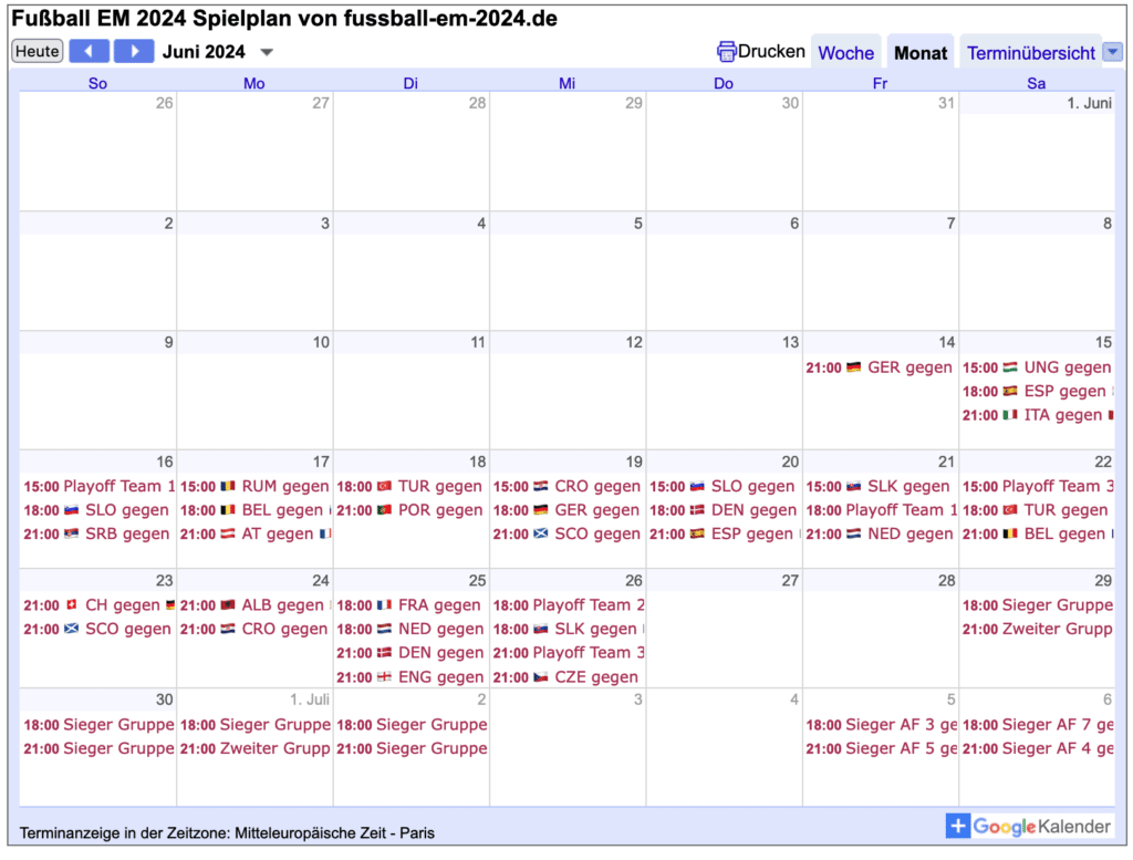 EM 2024 Spielplan PDF Download, Excel & ical