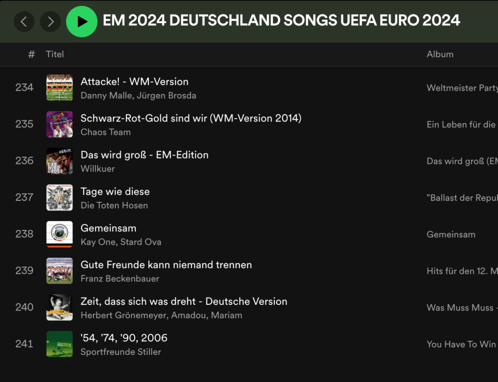 Wer gerne Musik hört, der hat evtl. Spotify als Musikanbieter abonniert. Sucht man hier nach "EM 2024 Song" , so findet man einige Playlisten. Die Fußball-Playliste vom User "Bastoine" zählt mittlerweile 241 Songs.