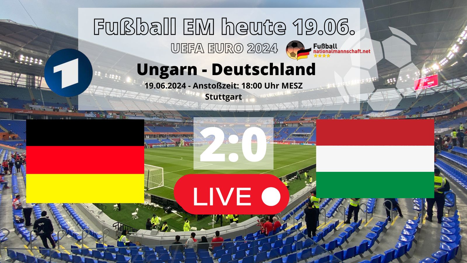 2:0 Länderspiel Deutschland gegen Ungarn am 2.Vorrundenspieltag am 19.6. um 18 Uhr in Stuttgart