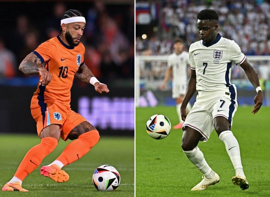 Der niederländische Stürmer #10 Memphis Depay (L) und Englands Stürmer #07 Bukayo Saka – Niederlande gegen England während des Halbfinalspiels der UEFA Euro 2024 in Dortmund am 10. Juli 2024. (Foto von John THYS und Javier SORIANO / AFP)