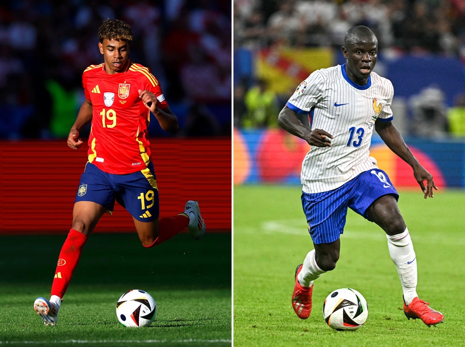 Spaniens #19 Lamine Yamal und Frankreichs #13 N’golo Kante – Spanien gegen Frankreich spielt das 1. Halbfinalspiel der UEFA Euro 2024 in München am 9. Juli 2024. (Foto: Odd ANDERSEN und Javier SORIANO / AFP)