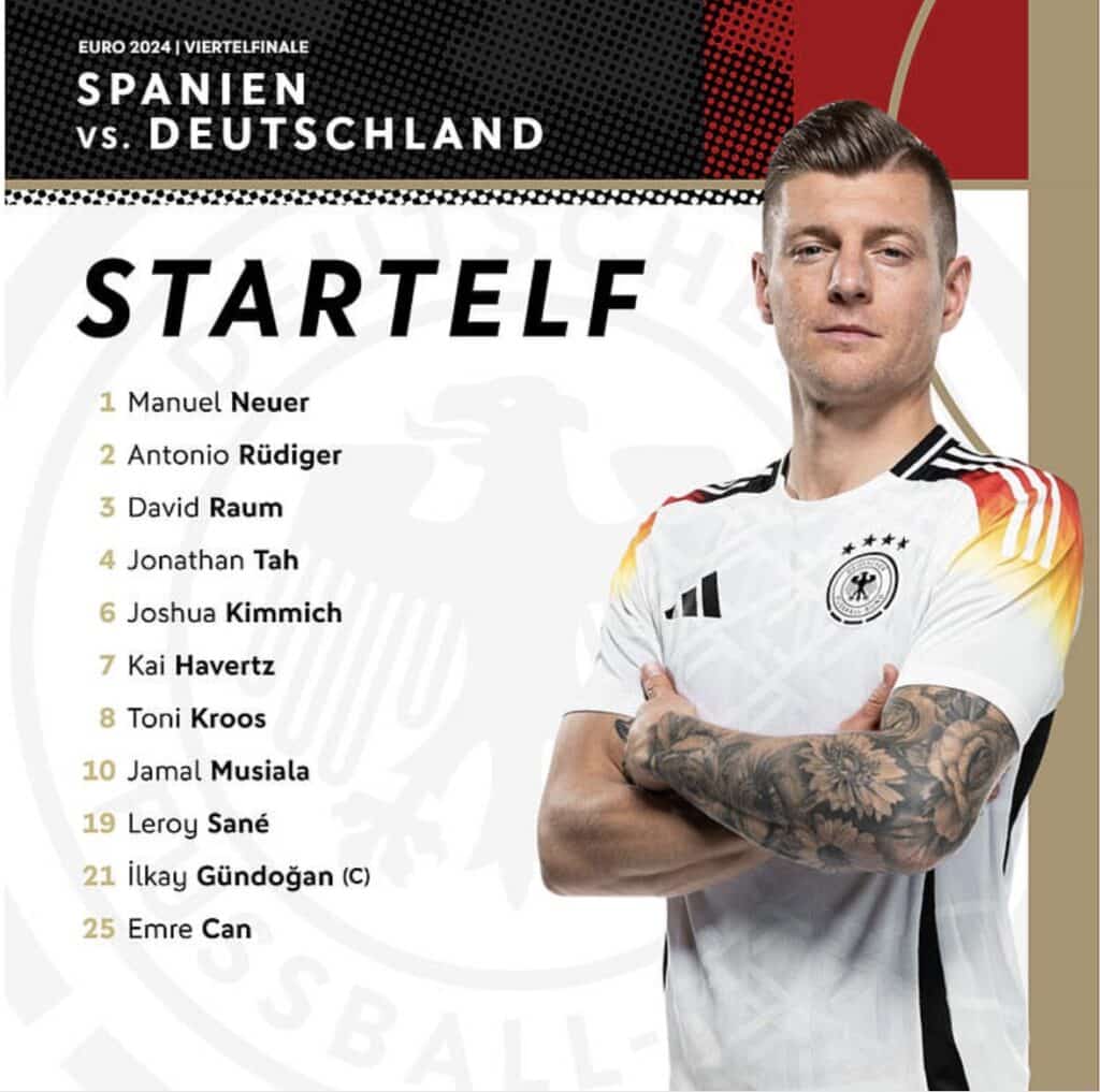 Die Startelf: Neuer - Kimmich, Rüdiger, Tah, Raum - Kroos, Can - Sané, Gündogan (C), Musiala - Havertz.